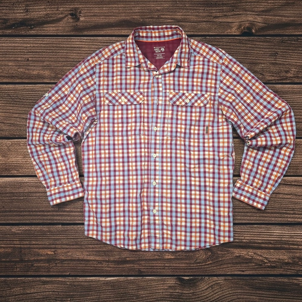 Mountain Hardwear Mens Plaid Hiking Shirt OM0466 Maroon Blue Orange Medium